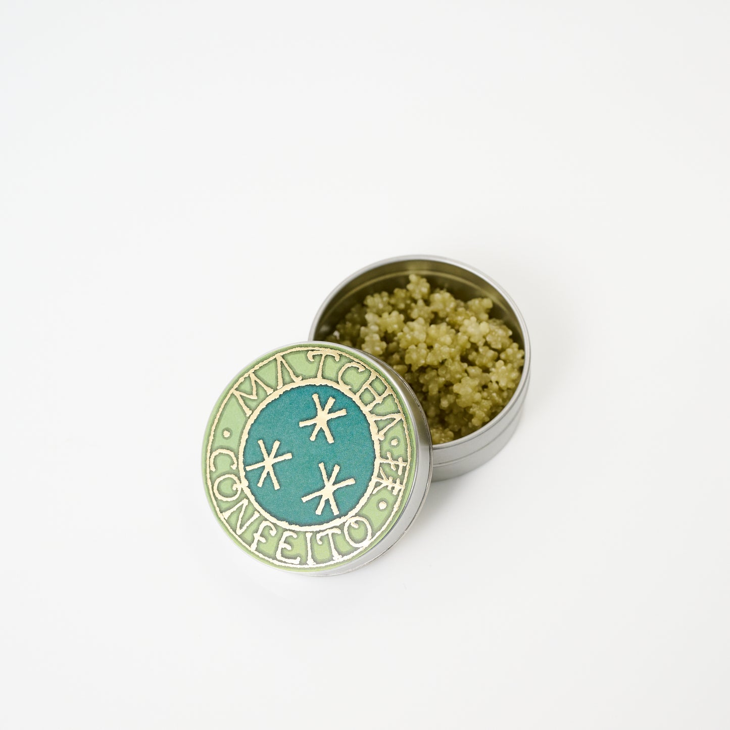 星果庵 抹茶の金平糖 缶を開けたところ